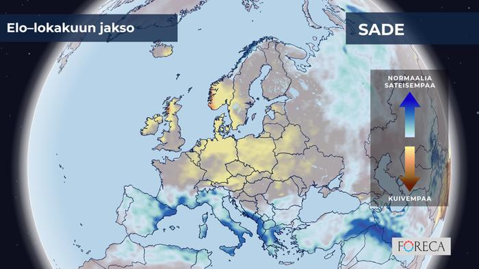 Sademääräennuste elo-lokakuu 2026 Ennustettu sademäärän poikkeama elo-lokakuussa 2026.