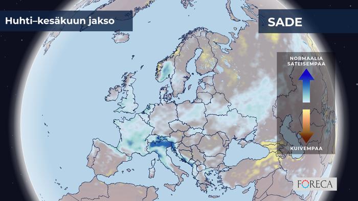 ECMWF:n ennuste sademäärien poikkeamista huhti–kesäkuulle 2026 Eurooppaan.