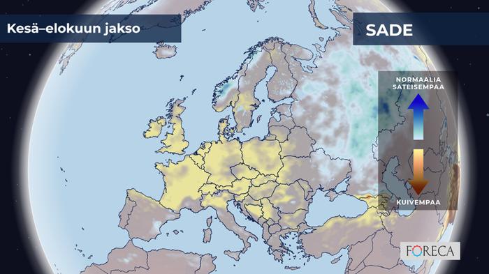 ECMWF:n ennuste sademäärien poikkeamista kesä–elokuulle 2026 Eurooppaan.