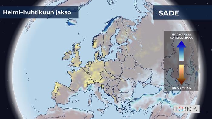 ECMWF:n ennuste sademäärien poikkeamista helmi–huhtikuulle 2026 Eurooppaan.