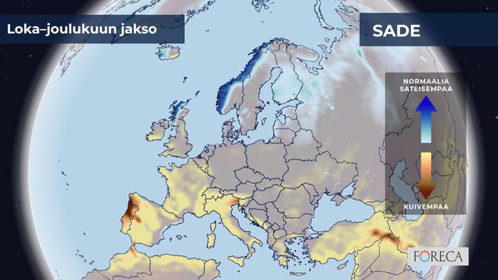 Loka–joulukuu 2025 sade ECMWF:n ennuste sademäärien poikkeamista loka–joulukuulle 2025 Eurooppaan.