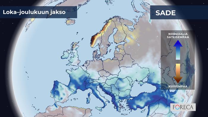 ECMWF:n sademääräpoikkeamat loka–joulukuulle