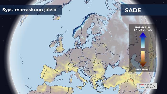 ECMWF:n ennuste sademäärien poikkeamista syys–marraskuulle 2025 Eurooppaan.