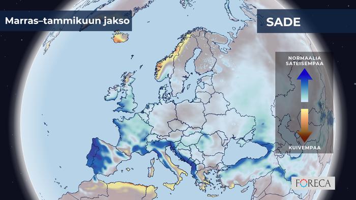 ECMWF:n ennuste marras-tammikuun sademääräpoikkeamasta ECMWF:n ennuste marras-tammikuun sademääräpoikkeamasta
