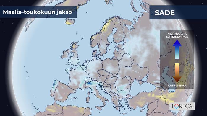 Sademäärän poikkeaman ennuste maalis–toukokuussa 2026.