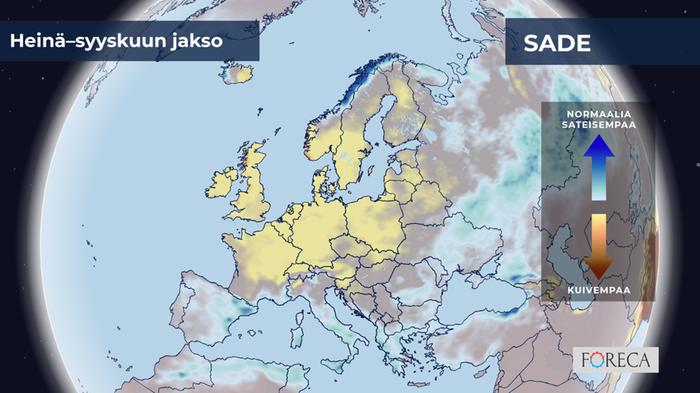 ECMWF:n ennuste sademäärien poikkeamista heinä–syyskuulle 2026 Eurooppaan.