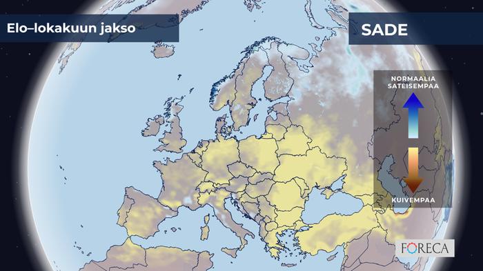 ECMWF:n ennuste sateiden poikkeamista elo–lokakuulle Eurooppaan.