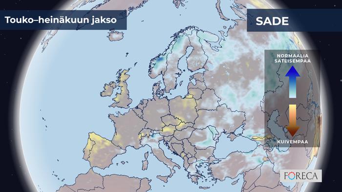 Vuodenaikaisennuste touko–heinäkuu 2026 sade Ennustettu sademäärän poikkeama touko–heinäkuussa 2026.