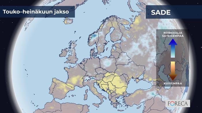 ECMWF:n ennuste sademäärien poikkeamista touko–heinäkuulle 2024 Eurooppaan.