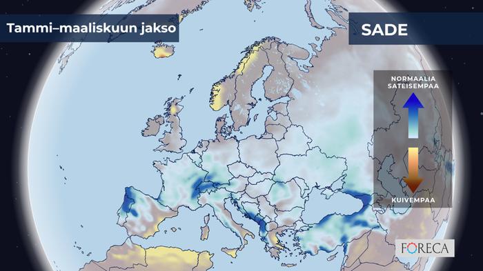ECMWF:n ennuste sademäärien poikkeamista tammi–maaliskuulle 2024 Eurooppaan. Ennuste näyttää keskiseen ja eteläiseen Eurooppaan laajalti keskimääräistä sateisempaa. Suomen ennusteessa on epävarmuutta.