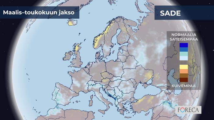 ECMWF:n ennuste sademäärien poikkeamista maalis–toukokuulle 2023. Suomeen ennakoidaan lähellä keskimääräisiä olevia sademääriä.