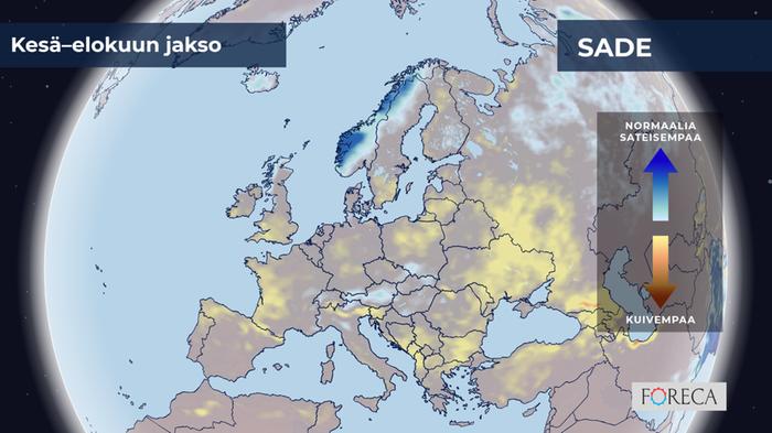 Kesä–elokuu sade 2024 ECMWF:n ennuste sademäärien poikkeamista kesä–elokuulle 2024 Eurooppaan.