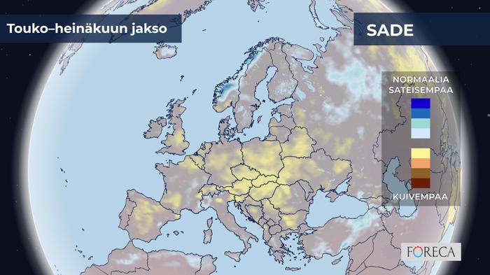 ECMWF:n ennuste sademäärien poikkeamista touko–heinäkuulle 2023 Eurooppaan.