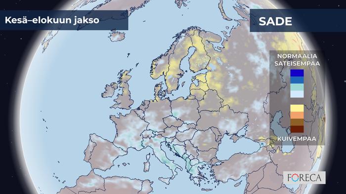 ECMWF:n ennuste sademäärien poikkeamista kesä–elokuulle 2023 Eurooppaan.