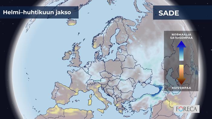 ECMWF:n ennuste sademäärien poikkeamista helmi–huhtikuulle 2024 Eurooppaan. Suomessa ei näy poikkeamaa tavanomaiseen sademäärään nähden.