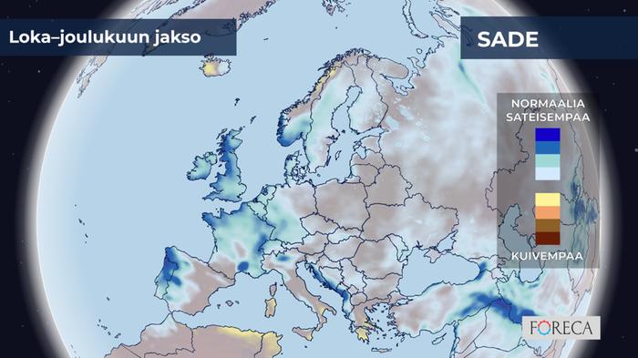 ECMWF:n ennuste sademäärien poikkeamista loka–joulukuulle 2023 Eurooppaan. Ennuste näyttää Suomeen tavanomaista sateisempaa jaksoa tai paikoin ajankohdalle keskimääräisiä sademääriä.