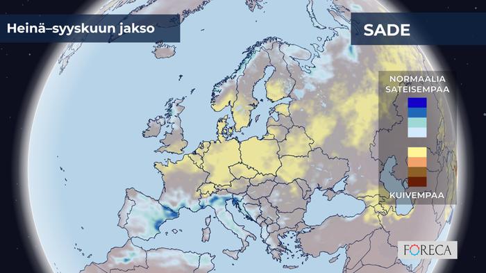 ECMWF:n ennuste sademäärien poikkeamista heinä–syyskuulle 2023 Eurooppaan. Osassa Suomea ja keskisessä Euroopassa on merkkejä keskimääräistä pienemmistä sademääristä.