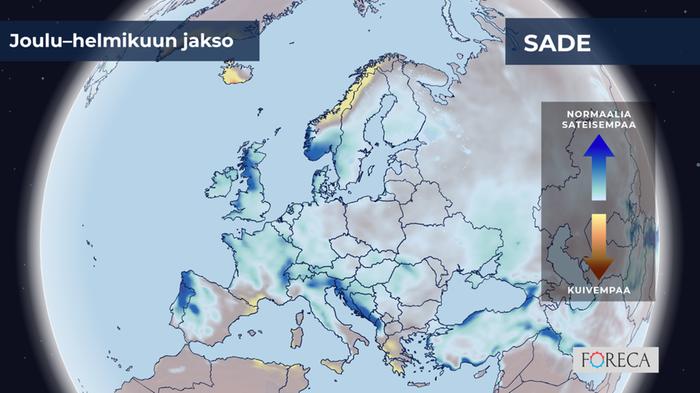 ECMWF:n ennuste sademäärien poikkeamista joulu–helmikuulle 2023–2024 Eurooppaan. Ennuste näyttää Suomeen laajalti tavanomaista sateisempaa talvea.