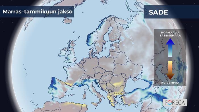 ECMWF:n ennuste sademäärien poikkeamista marras–tammikuulle 2023–2024 Eurooppaan. Ennuste näyttää Suomeen paikoin hieman tavanomaista sateisempaa ja paikoin ajankohdalle keskimääräisiä sademääriä.