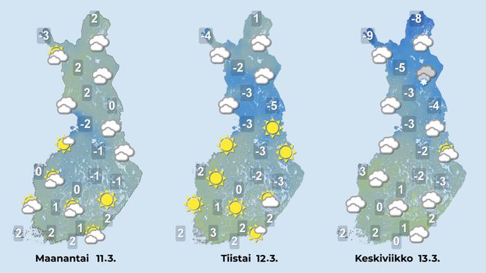 Sääennuste iltapäiville 11.-13. maaliskuuta.