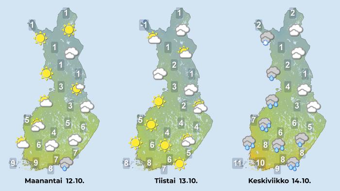 Sääennuste 12.-14.10.2026 Iltapäivien sääennuste 12.-14. lokakuuta.
