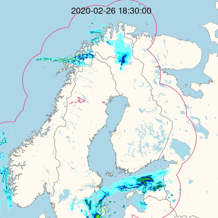 Lappiin saapuu lännestä lumisade. Suomen eteläpuolella oleva lumisade pysyttelee merellä nyt illalla.