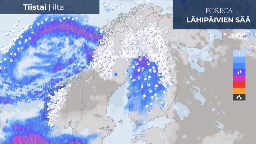 Lumipyryjä ja vesisateita puskee Suomen yli: Jopa 10 senttimetriä lunta tulossa keskiviikon vastaisena yönä