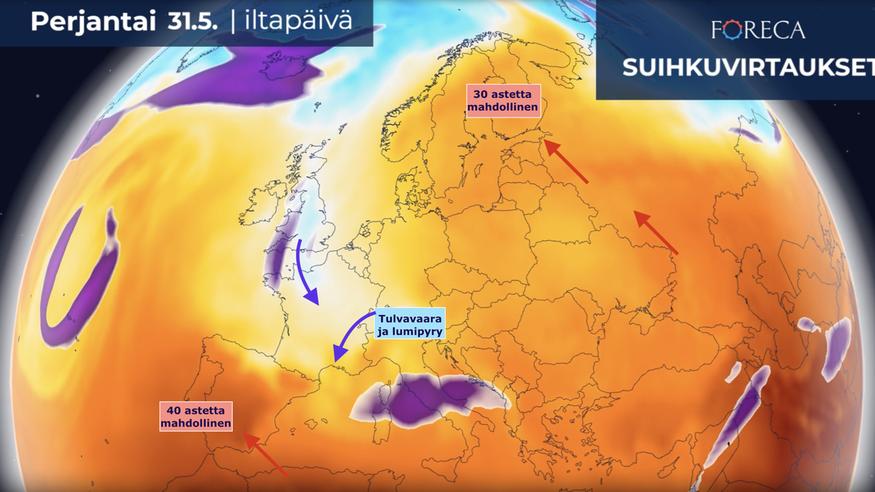 Euroopan säähän raju kontrasti: 40 asteen helle ja yli puoli metriä lunta