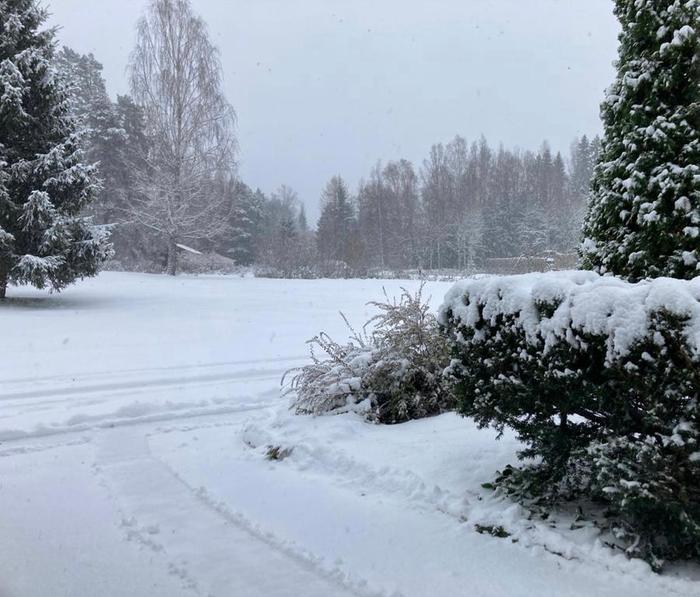 Lunta Noormarkussa Noormarkussa Satakunnassa oli maa valkeana lokakuun viimeisenä päivänä 2023.