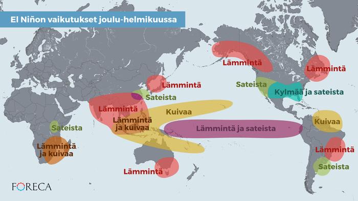 El Niño -ilmiön vaikutukset talvella El Niño -ilmiö vaikuttaa säähän hyvin laajoilla alueilla maapallolla. Suomalaisten suosimissa lomakohteissa Kaakkois-Aasiassa sää voi olla tukahduttavan kuumaa ja kuivaa.