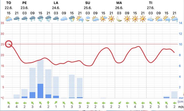 Kuurosadepäivän ennuste. Sadetta ennustetaan tulevan vähintään kiinteän sinisen palkin verran, mutta enimmillään jopa koko pisteytetyn palkin verran.