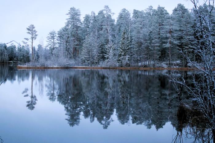 Ohut lumipeite Nokialla Ylisenjärven rannalla luminen maisema heijastui vedestä.