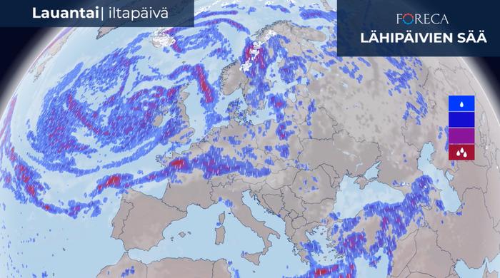 Ennuste lauantaille 15.10.2022 Atlantin pohjoisosassa oleva laaja matalapaineen alue osakeskuksineen tuo sateita myös mantereen puolelle.