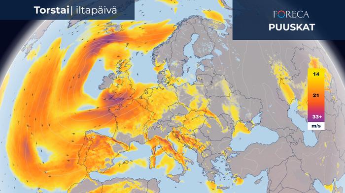 Länsi-Euroopassa sää on sekä tuulista että monin paikoin myös sateista. Suomi on matalapaineen alueen reunamilla ja etelästä virtaa lämmintä ilmaa.