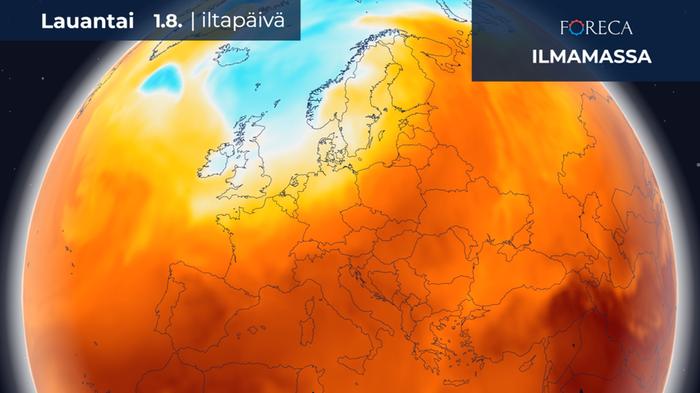 Kylmä rintama näkyy Euroopan yllä Suomen itäpuolelta Ranskan suuntaan asti ulottuvana vyöhykkeenä, jossa värit muuttuvat kuuman ilmamassan oransseista viileämmän keltaisen sävyihin.