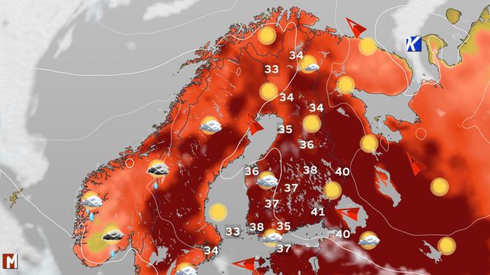 Kuviteltu sääkartta ennätyshelteistä Suomessa. Jos Kanadaa vastaava tilanne tapahtuisi Suomessa ja vanha lämpöennätyksemme, 37,2 astetta, vuodelta 2010, paukkuisi yhtä räikeästi kuin Kanadan entinen lämpöennätys, kohoaisi lämpötila Suomessa 41 asteeseen. Kanadan edellinen lämpöennätys oli 45 astetta vuodelta 1937.