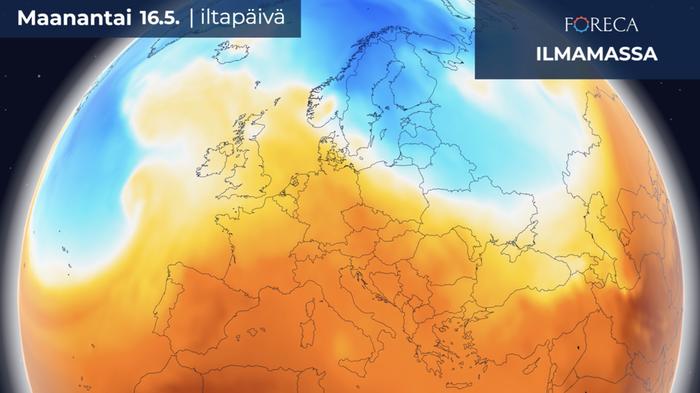 Alkuviikolla lämmin ilmamassa kurottaa Euroopan länsipuoliskolla pohjoiseen, kun taas Suomeen virtaa kylmää ilmaa pohjoisesta.