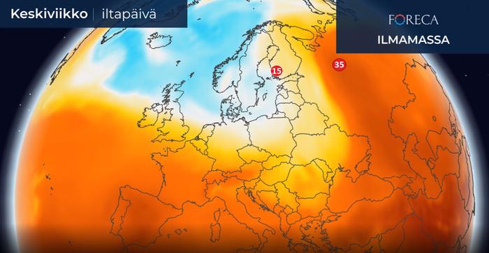 Keskiviikkona Suomen itäpuolella liikkuu erittäin kuumaa ilmaa kohti pohjoista. Keski-Suomea vastaavilla leveysasteilla lämpötila voi Suomen itärajan takana kohota yli 35 asteen – jopa lähelle Suomen kaikkien aikojen lämpöennätystä, 37,2 astetta.