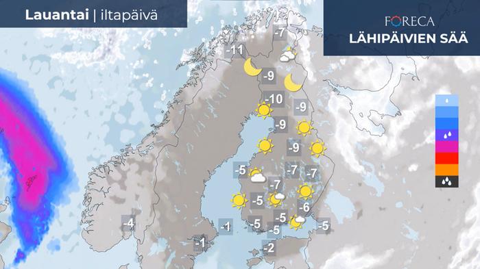 Ennuste uudenvuodenpäivän iltapäivälle 1.1.2022.