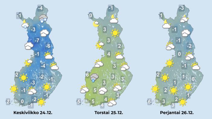 Sääennuste iltapäiville 24.-26. joulukuuta.