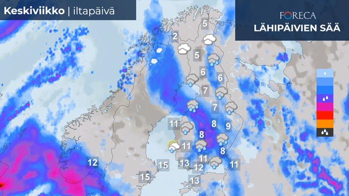 Keskiviikkona enimmät sateet leviävät Suomeen lännestä.