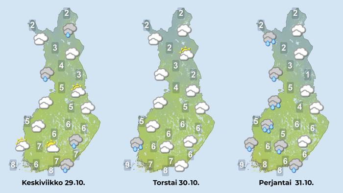Ennuste keskiviikosta perjantaihin Sää on pilvistä, ajoittain sateista, eikä lämpötiloissa tapahdu suuria muutoksia.