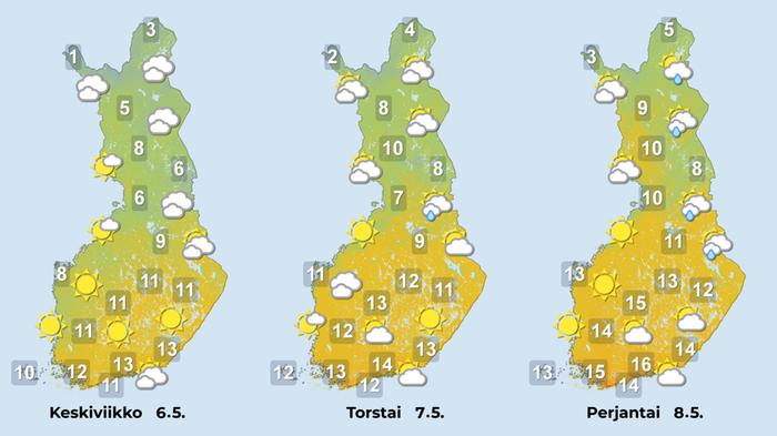 Sääennuste keskiviikolta perjantaille.