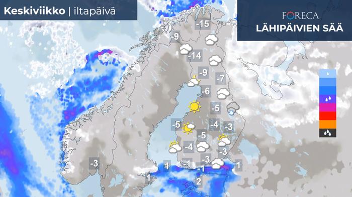 Sääennuste 20.12.2023 Keskiviikkona päivällä aurinko voi pilkahtaa varsinkin maan keskiosassa.
