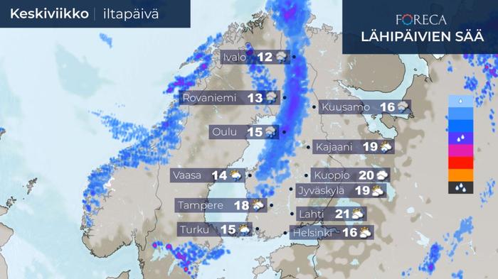 Keskiviikkona kylmä rintama saapuu Suomeen lännestä.
