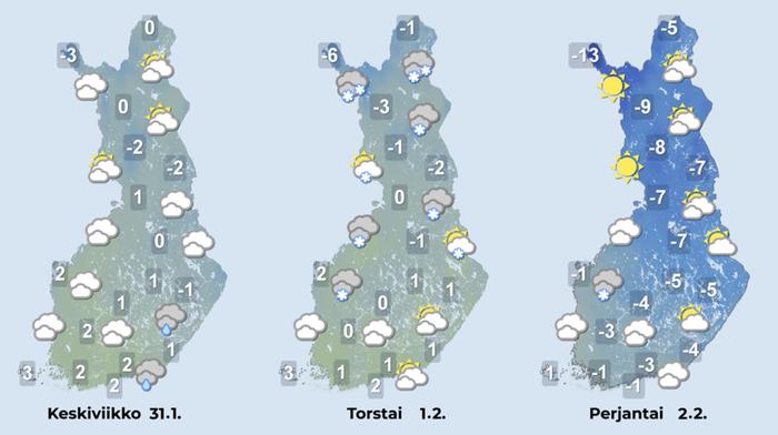 Sääennuste keskiviikosta perjantaihin 31.1.–2.2.2024 Sääennuste keskiviikosta perjantaihin 31.1.–2.2.2024.