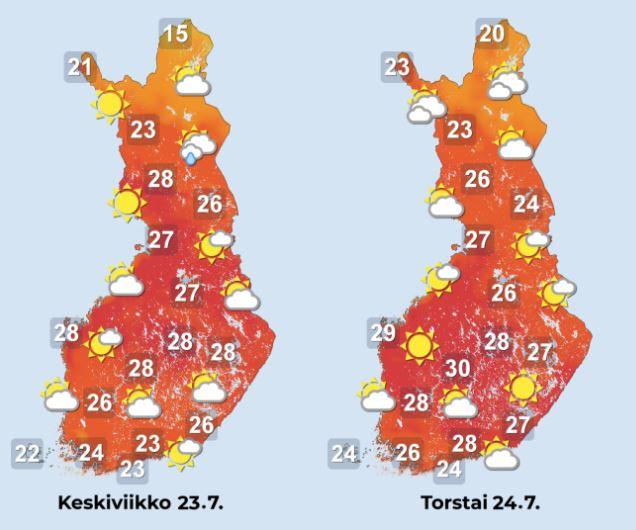 Ennuste keskiviikolle ja torstaille 23.–24.7.2025