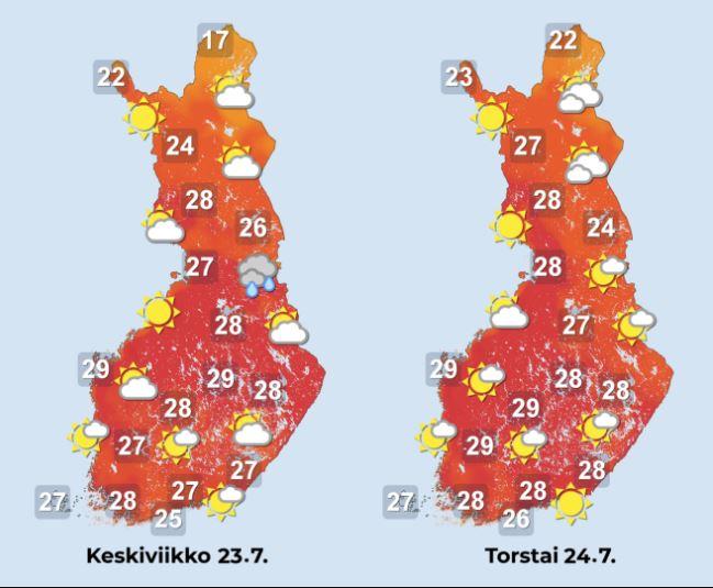 Sääennuste keskiviikolle ja torstaille 23.–24.7.2025.