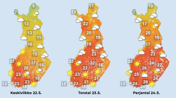 Ennuste keskiviikolta perjantaille 22.–24.5.2024.