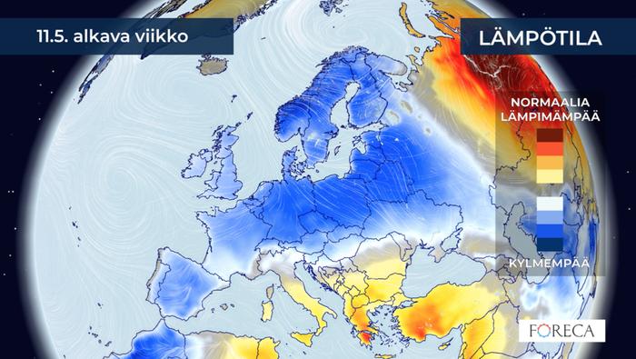 Ensi viikko on tuoreen kuukausiennusteen mukaan keskimääräistä kylmempi Suomessa ja laajalti Euroopassa.